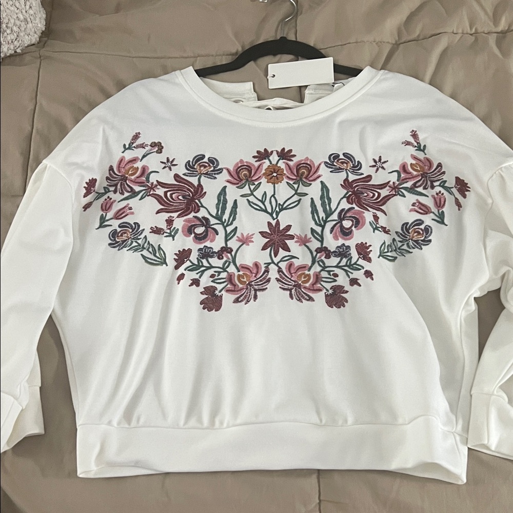 Lulumari White Sweatshirt with Pink & Green Floral Embroidery